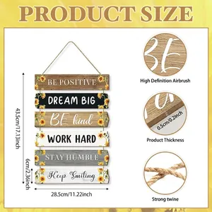 Rustieke houten zonnebloem wanddecoratie met teksten en afmetingen details