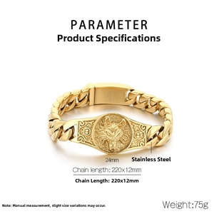 Detailed specs of gold stainless steel wolf head Cuban bracelet with 220x12mm dimensions