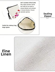 Detail view of smooth metal zipper and spacious linen fabric on lion makeup bag