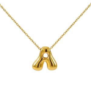 Polished gold 3D balloon initial A pendant necklace with thin O-chain for women