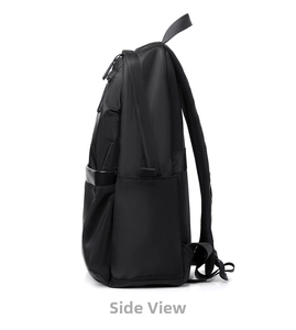Side view of black nylon laptop backpack showing side pocket and adjustable strap