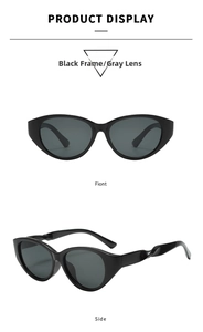 Detailsicht der schwarzen Cateye-Sonnenbrille mit gedrehten Bügeln und grauen Gläsern
