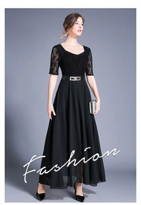 Detail of elegant black maxi dress featuring lace bodice and chiffon skirt with waist belt