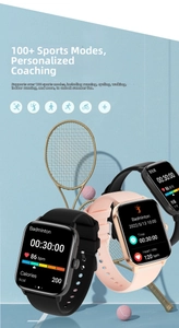 Detail of pink and black smartwatches showing square dials and sports mode tracking interface