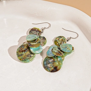 Bohemian geometric shell drop earrings with colorful round charms and silver hooks