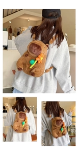 Detailed views of a brown capybara plush backpack with an orange flower detail