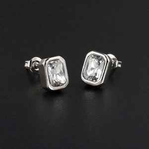 Minimalist geometric square zircon stud earrings in polished silver metal setting