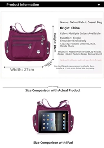 Dettaglio borsa viola in tessuto Oxford con tasche multiple e dimensioni 27x20x11cm