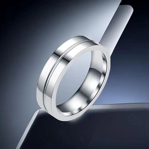 Minimalist silver stainless steel ring featuring a polished finish and central groove detail