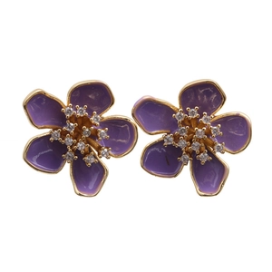 Elegant purple flower stud earrings with gold trim and sparkling crystal center