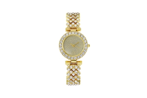 Detailed view of luxury gold watch featuring crystal-encrusted bezel and sparkling dial