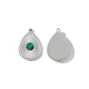 Detail view of teardrop stainless steel pendant with green stone and sunray texture