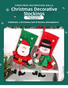 Detailed view of red snowman and green Santa Christmas stockings with hanging striped legs