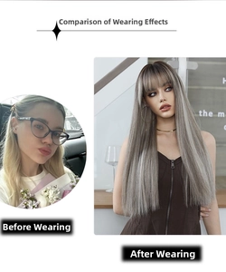 Long straight ash brown wig with bangs showing before and after hair transformation