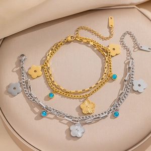 Layered Stainless Steel Bracelet For Women With Flower Charms And Blue Beads 18K Gold Plated Fashion Jewelry Elegant