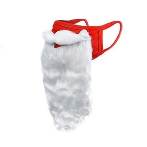 Macro view of Santa Claus beard mask featuring long white fibers and red cotton base
