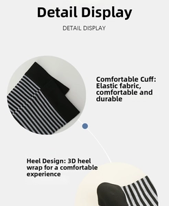 Detail view of the high-elasticity ribbed cuff and 3D heel on black striped compression socks