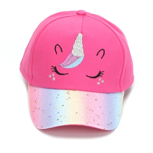 Kids unicorn baseball cap in rose pink with glitter gradient brim and embroidery