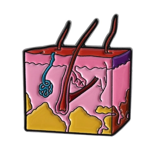 Medical skin anatomy enamel brooch pin showing subcutaneous tissue layers on white background