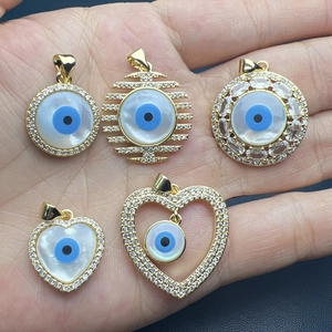 Evil Eye Pendant Charm Gold Plated Copper Shell Mother Of Artificial Pearl Zircon Inlaid DIY Jewelry Making Accessory