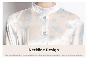 Detail of elegant mandarin collar and metallic buttons on a floral satin dress