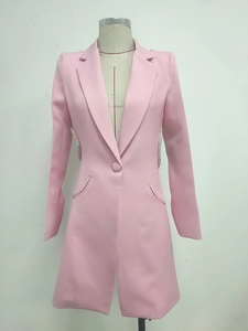 Detailed view of pink blazer dress featuring rhinestone waist embellishments and single button
