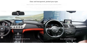 Polarized driving sunglasses showing day and night vision enhancement on lenses