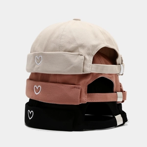 Heart Embroidery Docker Hat Cotton Twill Brimless Skull Cap Adjustable Retro Streetwear Miki Hat For Men Women