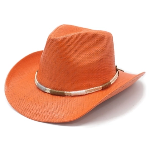 Bright orange woven paper straw cowboy hat with colorful ethnic decorative band