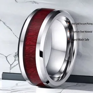 8mm vintage men's titanium steel ring with wood grain inlay and gold vacuum plating