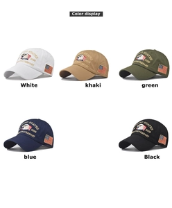Detailed view of high-quality 3D eagle embroidery and flags on multi-color cotton caps