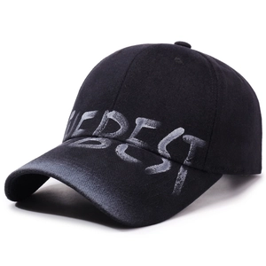 Washed vintage black baseball cap with gray graffiti print and curved brim in 45-degree view