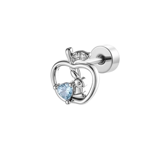 Silver apple-shaped cartilage piercing with rabbit and blue heart zircon on white background