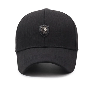 Men's black cotton baseball cap with lion shield logo on a clean white background