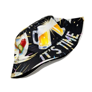Detail of black bucket hat with colorful beer and hot dog prints and IT'S TIME text