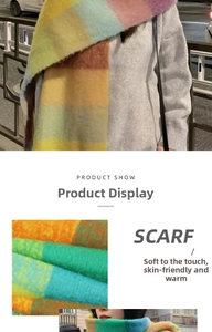 Macro detail of plush mohair rainbow plaid scarf showing thick soft texture and vivid colors