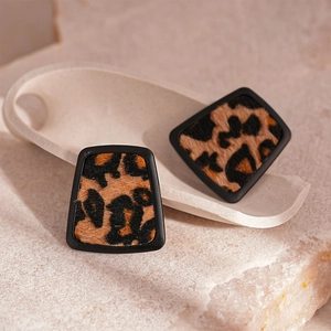 Vintage trapezoid faux leather leopard print stud earrings with elegant black frames