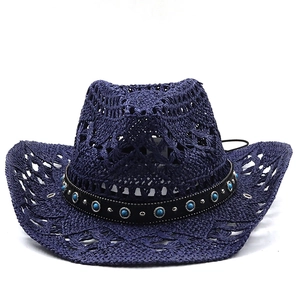 Dark blue woven cowboy straw hat with turquoise beads and wide curved sun brim