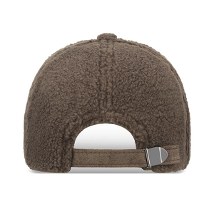 Rear view of brown lamb wool baseball cap with adjustable metal buckle strap