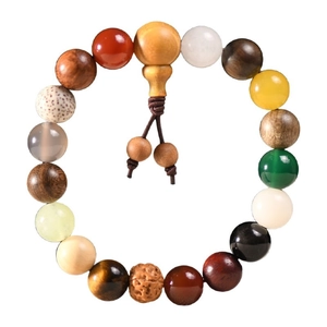 Traditional 18-seed multi-material Buddhist prayer beads bracelet on white background