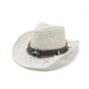 White woven western cowboy straw hat with ethnic tassel beads and turquoise stone