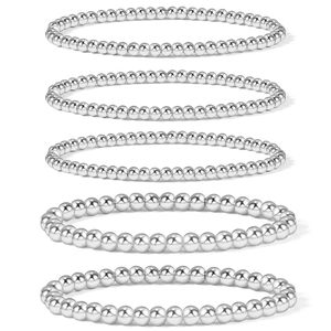 Set di cinque braccialetti elastici con perline argentate lucide e lucentezza metallica