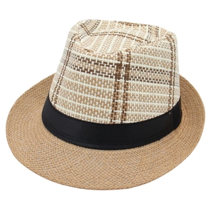 Vintage linen fedora straw hat with plaid pattern and black ribbon for men and women