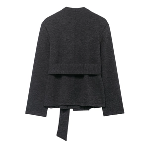 Deep grey long sleeve knitted cardigan for women featuring a stylish waist belt back view