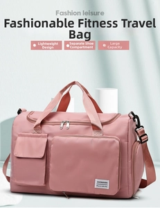 Detail of travel fitness bag featuring separate shoe compartment and nylon fabric