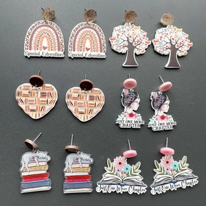 Acrylic book earrings set with rainbow, cat, and special education teacher designs