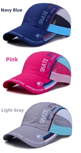 Breathable mesh panels and skate style graphics on navy, rose, and grey outdoor caps