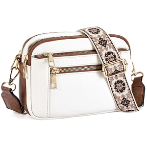 Women Fashion PU Leather Crossbody Bag Multi Zipper Pockets Square Camera Bag With Adjustable Wide Embroidered Strap Purse