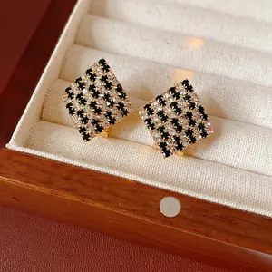 Square Stud Earrings With Silver Earring Post Copper Rhinestone Black White Checkerboard Geometric Jewelry For Women