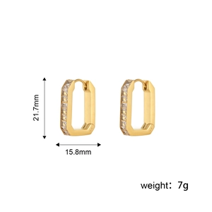 Elegant gold rectangular hoop earrings with zircons measuring 21.7mm by 15.8mm
